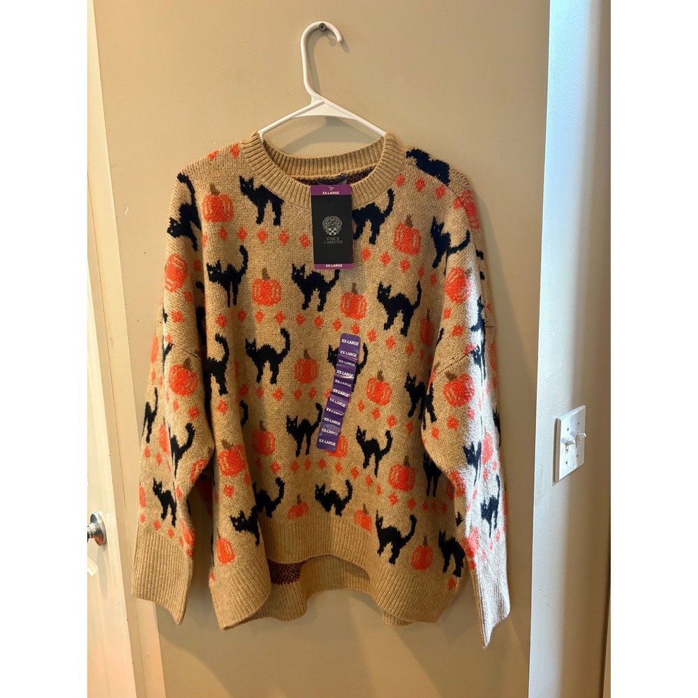 Vince Camuto Womens Halloween Black Cat Pumpkin Tan Sweater SV7755201 XXL NEW